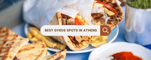 Close-up of a plate with a gyro wrap filled with meat, tomatoes, and fries, alongside grilled pita bread and a bowl of paprika. A search bar overlay reads 'Best gyros spots in Athens,' highlighting a guide to finding the best gyros in the city