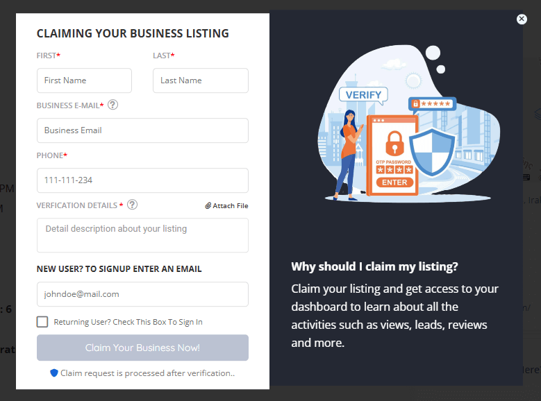 The image shows a form for claiming a business listing, titled "CLAIMING YOUR BUSINESS LISTING." It includes fields for first name, last name, business email, phone number, verification details, and an email field for new users. The form also features a "Claim Your Business Now!" button at the bottom. On the right, there’s an illustration with a "Verify" sign and text explaining the benefits of claiming a business listing, such as access to a dashboard for monitoring views, leads, and reviews.