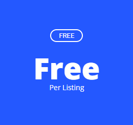 The image displays a pricing card with a blue background, indicating a "Free" option for business listings. The label "FREE" is prominently displayed at the top, with "Per Listing" written underneath, suggesting that users can list their business on this platform at no cost.